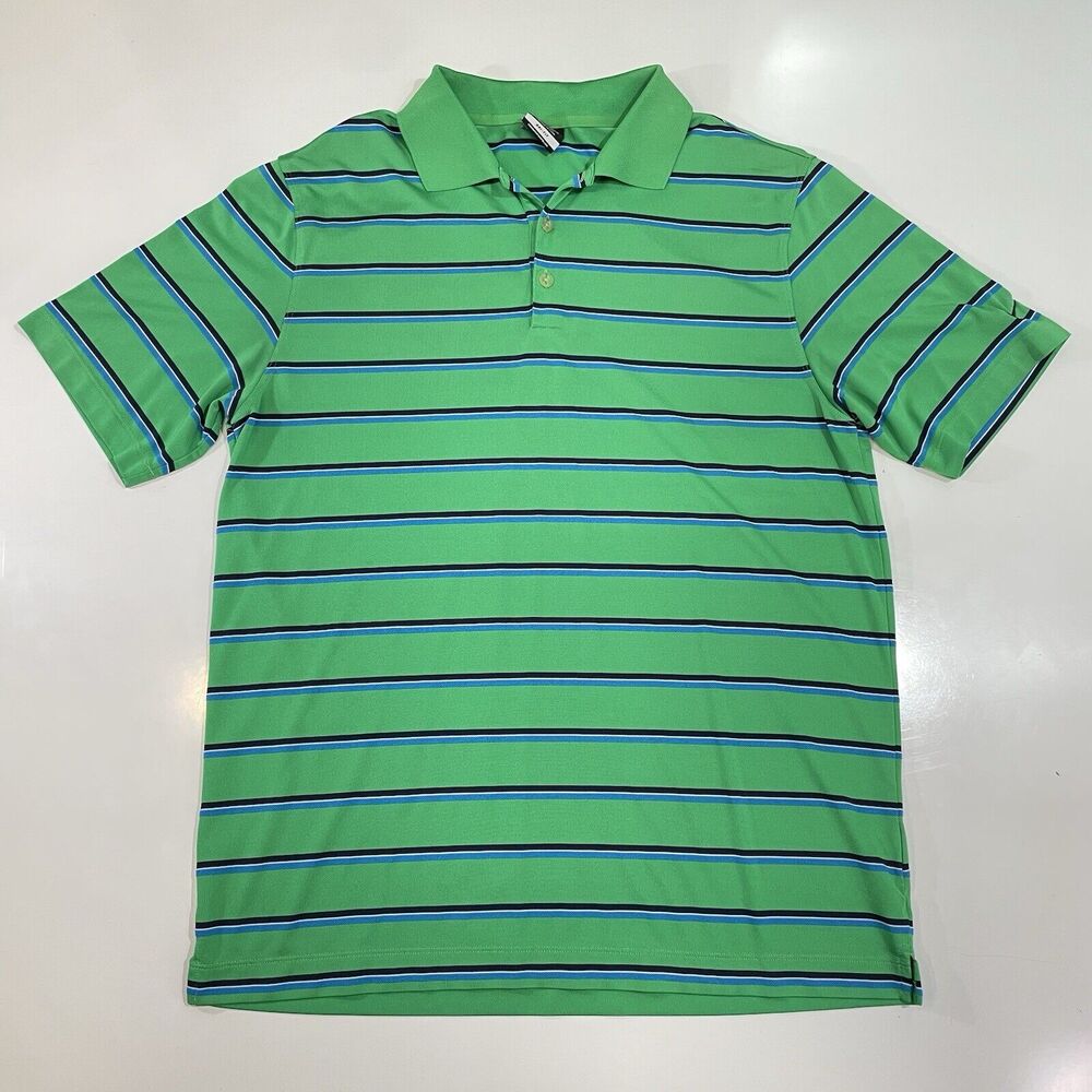 NIKE Men’s Green Golf Athletic Polo Shirt Dri Fit Striped Swoosh Golf Preppy Lg